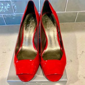 Jessica Simpson Red Patent Leather Open Toe Pump Size 8M